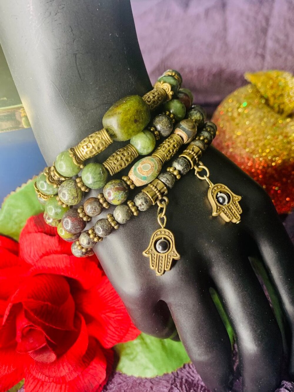 Evil Eye Charm, Pyrite, Dragon's Blood Jasper, Peridot & Pewter Bracelet Set